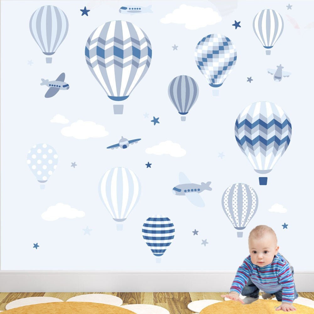 Hot Air Balloon Wall Stickers, Planes and Stars Decals Baby Boy Nursery ...