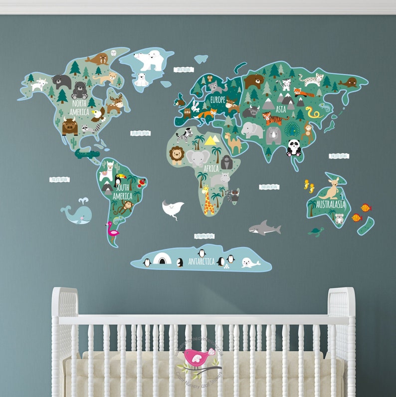 childrens world map sticker educational kids wall decal | etsy