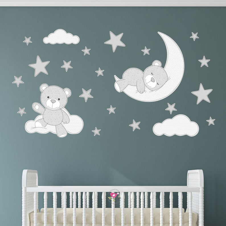 Teddy Bear Decal Nursery Wall Stickers Stars Clouds and Moon Etsy