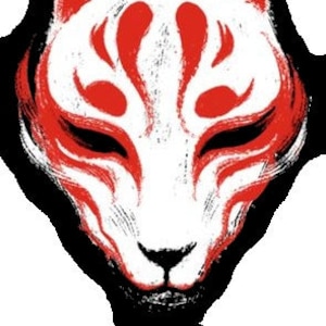 May include: A white fox mask with red markings around the eyes and mouth. The mask is a traditional Japanese design.
