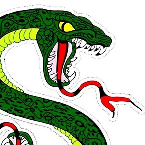 May include: A green snake with yellow markings and red tongue is coiled into the shape of the letter "S".
