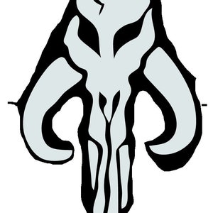 May include: A black and white illustration of a Mandalorian symbol. The symbol is a stylised skull with horns and a vertical line down the centre.