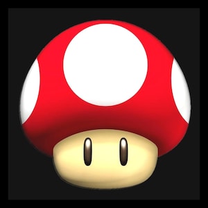 May include: A red and white mushroom with a tan base and two black oval eyes. The mushroom has a rounded top with white spots. The background is black. This image is a graphic from the Super Mario video game series.