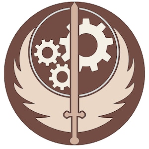 Peut inclure: Un cercle brun avec une épée blanche et trois engrenages blancs sur le côté gauche. L'épée est centrée et a une garde croisée. Le cercle est entouré de deux ailes blanches.
