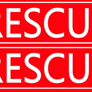 May include: A red rectangular sign with the word "RESCUE" in large white capital letters, repeated twice, stacked vertically. The text is centered and enclosed within a white border.