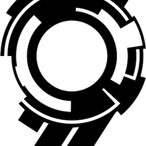 Könnte beinhalten: Schwarzweißes Grafikdesign einer stilisierten Zahl neun. Die Zahl wird durch einen Kreis mit einer Reihe von Linien und Formen gebildet, die von ihm ausgehen.