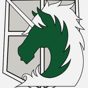 May include: A graphic emblem featuring a green unicorn head with a white mane and horn, set against a grey shield with a white border. The design is a bold, graphic illustration.