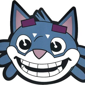 Puede incluir: Una cara de gato de dibujos animados azul con una amplia sonrisa de dientes. El gato tiene ojos grandes y negros y acentos morados en las orejas y la frente.