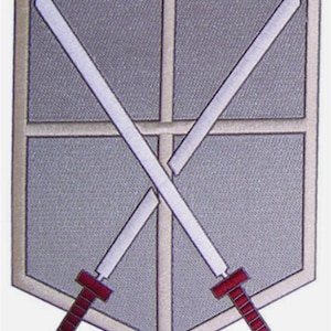 Puede incluir: Un escudo gris con un borde blanco y dos espadas cruzadas con mangos rojos. Las espadas están colocadas en forma de 'X'.