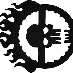 May include: Black and white silhouette of a skull with flames behind it. The skull is inside a circle with a gear-like pattern.
