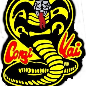 May include: A black and yellow cobra with a red tongue and the words "Cobra Kai" in red letters.