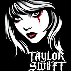 Op de afbeelding: Zwart-witte illustratie van een vrouwen gezicht met rode tranenstrepen. De tekst "TAYLOR SWIFT" is in witte gotische letters onder de afbeelding geschreven.