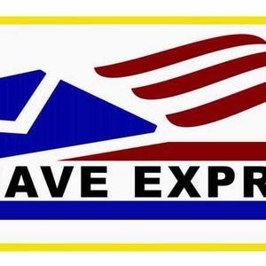 May include: A white logo with a blue envelope with a red, white and blue wing design. The text "MOJAVE EXPRESS" is in black letters below the logo.