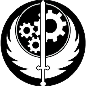 May include: Black and white symbol with a sword, wings, and three gears. The symbol is in a circle.