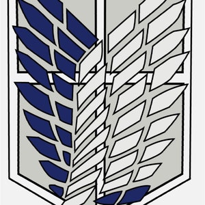 May include: A stylized emblem featuring a shield shape with a gray background. The emblem is divided into two sections, one with white and the other with blue stylized wings. The design is outlined in black.