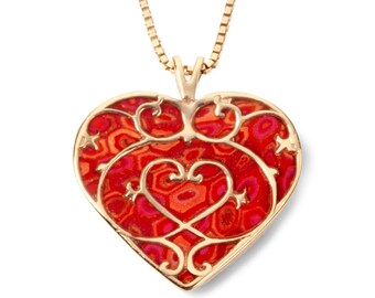 Handmade Millefiori Heart Necklace: Gold Fleur de Lis, Red Polymer Clay