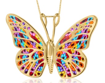 Millefiori Polymer Clay Butterfly Necklace: Gold Plated Sterling Silver