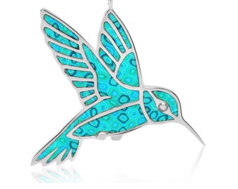 Hummingbird Necklace: Sterling Silver Pendant with Turquoise Polymer Clay