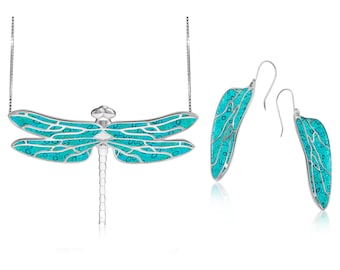 Dragonfly Necklace & Earrings Set: Sterling Silver Turquoise Polymer Clay Jewelry