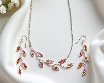 Millefiori Olive Branch Jewelry Set: Sterling Silver Necklace & Earrings