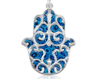 Sterling Silver Hamsa Necklace, Blue Millefiori Polymer Clay, Fleur de Lis