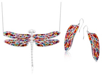 Sterling Silver Dragonfly Necklace & Wing Earrings, Millefiori Polymer Clay Jewelry