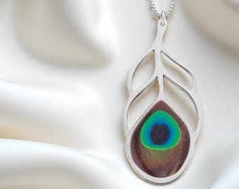 Peacock Feather Necklace: Handmade Polymer Clay Pendant, 925 Sterling Silver