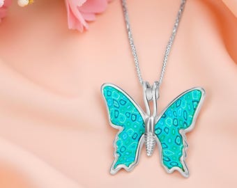Millefiori Butterfly Necklace: Turquoise Polymer Clay, Sterling Silver