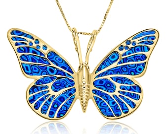 Blue Butterfly Necklace: Gold Plated Sterling Silver Polymer Clay Pendant