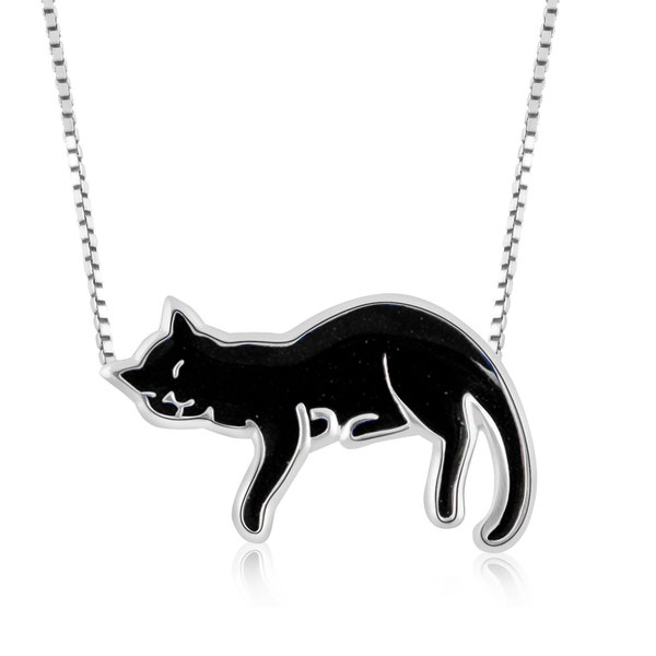 Black Cat Jewelry for Women - Handmade Silver Sleeping Cat Necklace Pendant - Gifts for Cat Lovers for Her - Cat Jewelry Gift for Her