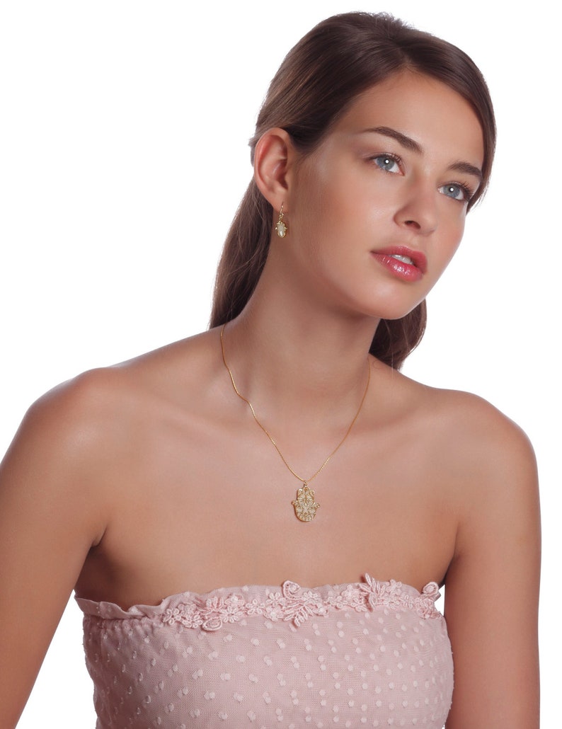 Hamsa Fleur de Lis Necklace Handmade Pendant with Glittering Pearl Polymer Clay Delicate Necklace Hand of Fatima Gold Plated Silver