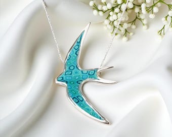 Turquoise Millefiori Swallow Necklace • Sterling Silver Bird Pendant