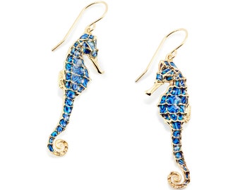 Seahorse Earrings, Handmade Jewelry with Blue Polymer Clay, Gold Plated Earrings, Seahorse Gift, Nautical Jewelry, Unique Gift for Her