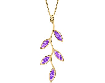 Handmade Vermeil Olive Leaf Necklace: Purple Millefiori Pendant