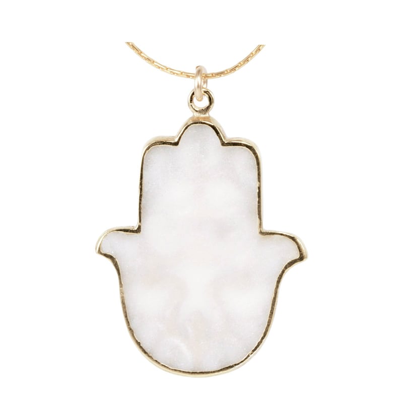 Hamsa Fleur de Lis Necklace Handmade Pendant with Glittering Pearl Polymer Clay Delicate Necklace Hand of Fatima Gold Plated Silver