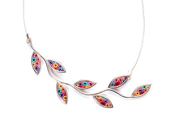 Handmade Sterling Silver Olive Branch Necklace: Millefiori Polymer Clay Jewelry