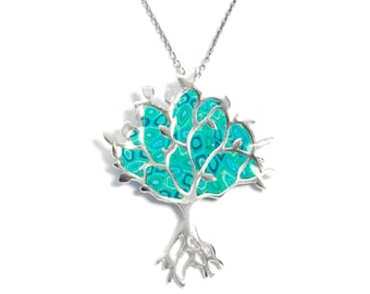 Sterling Silver Tree of Life Pendant: Turquoise Polymer Clay, Handmade in Israel