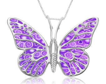 Sterling Silver Purple Butterfly Necklace: Millefiori Polymer Clay Pendant