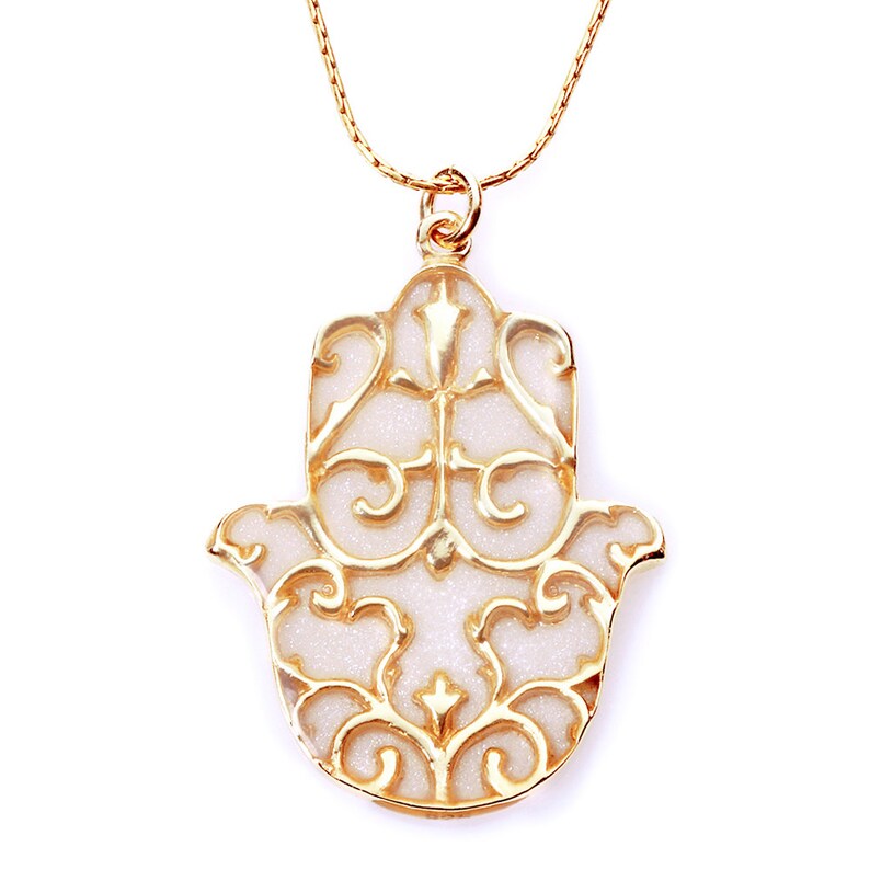 Hamsa Fleur de Lis Necklace Handmade Pendant with Glittering Pearl Polymer Clay Delicate Necklace Hand of Fatima Gold Plated Silver