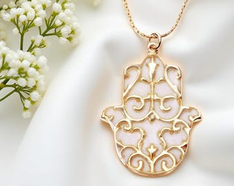 Gold Plated Hamsa Necklace: Fleur de Lis Pearl Pendant, Handmade Sterling Silver