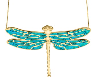 Handmade Turquoise Polymer Clay Dragonfly Necklace, Gold Plated Sterling Silver