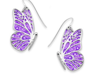 Sterling Silver Butterfly Dangle Earrings, Purple Millefiori Polymer Clay