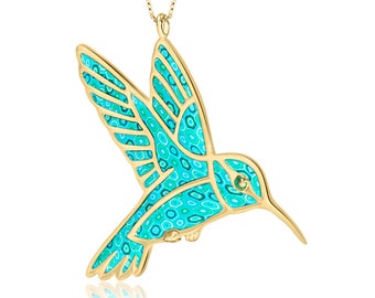 Handmade Turquoise Hummingbird Necklace: Gold Plated Sterling Silver Pendant