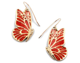 Handmade Monarch Butterfly Dangle Earrings: Coral Polymer Clay, Gold Plated Silver