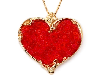 Handmade Millefiori Heart Necklace: Gold Plated Sterling Silver Red Polymer Clay Pendant