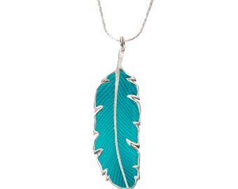 Sterling Silver Bird of Paradise Feather Necklace: Turquoise Polymer Clay Pendant
