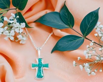 Sterling Silver Cross Necklace: Turquoise Millefiori Pendant, Handmade in Israel