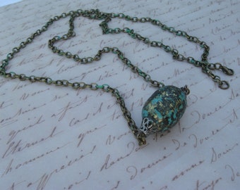 Teal Barrel Bead Brass Chain Necklace, Turquoise Barrel Bead Brass Chain Necklace