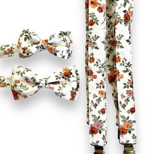 Floral Brown/Green  Suspenders/ Bow Tie Set. Floral Autumn Suspenders and Bow tie. Adults and Kids Suspenders.