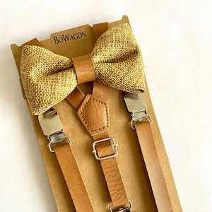 Burlap Brown Bow Tie. Tan Leather Suspenders and Burlap Brown Bow Tie Set/ Two Piece Set. Kids/Adults